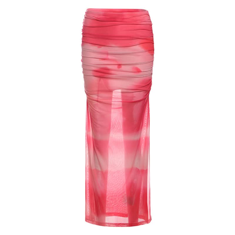 Ruched print contrast mesh slit maxi skirt