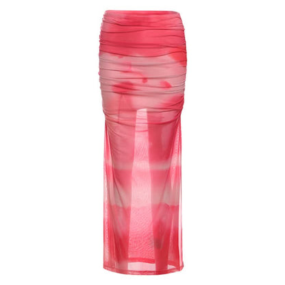 Ruched print contrast mesh slit maxi skirt