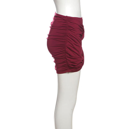 Wine ruched irregular solid mini skirt