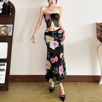 Mesh flower print ruched contrast maxi dress