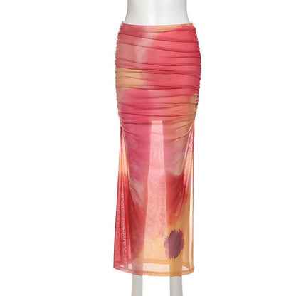 Ruched print contrast mesh slit maxi skirt