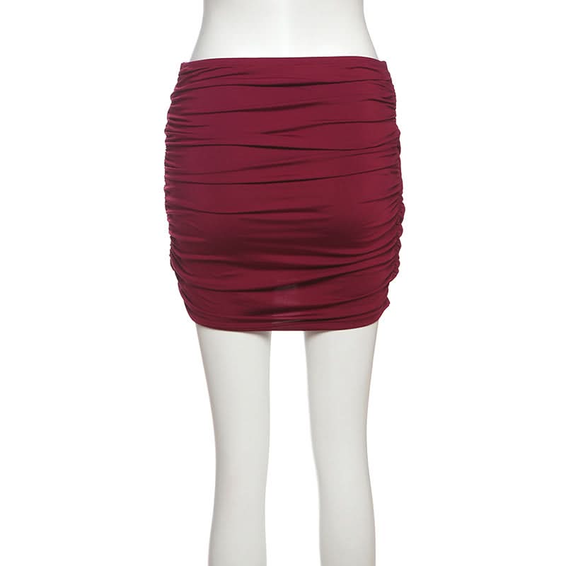 Wine ruched irregular solid mini skirt