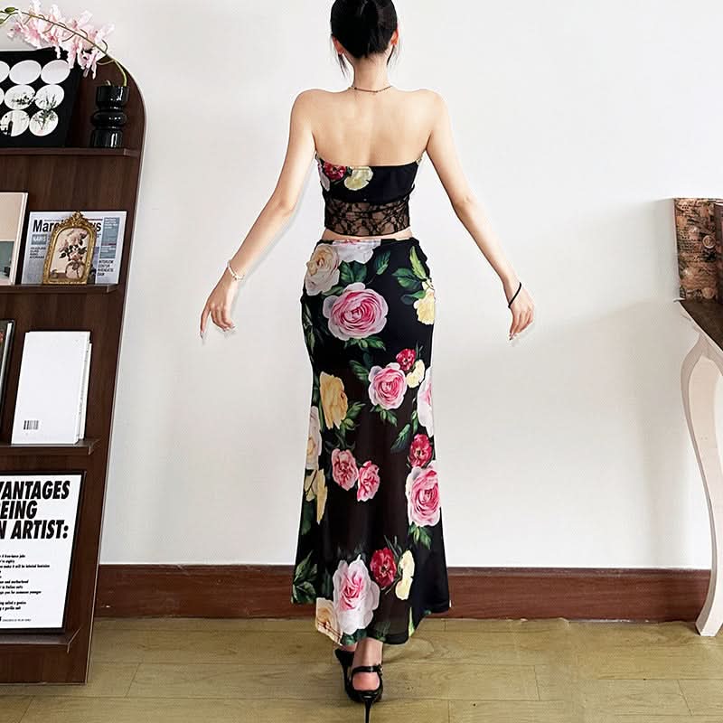 Mesh flower print ruched contrast maxi dress