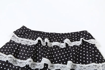 Polka dot lace hem contrast A line mini skirt