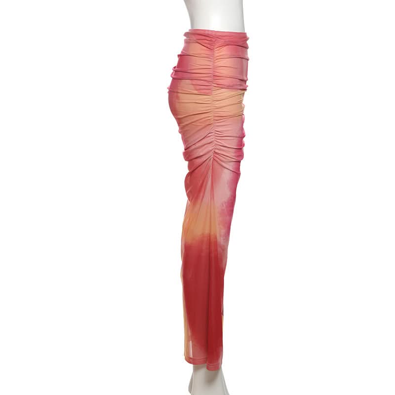 Ruched print contrast mesh slit maxi skirt