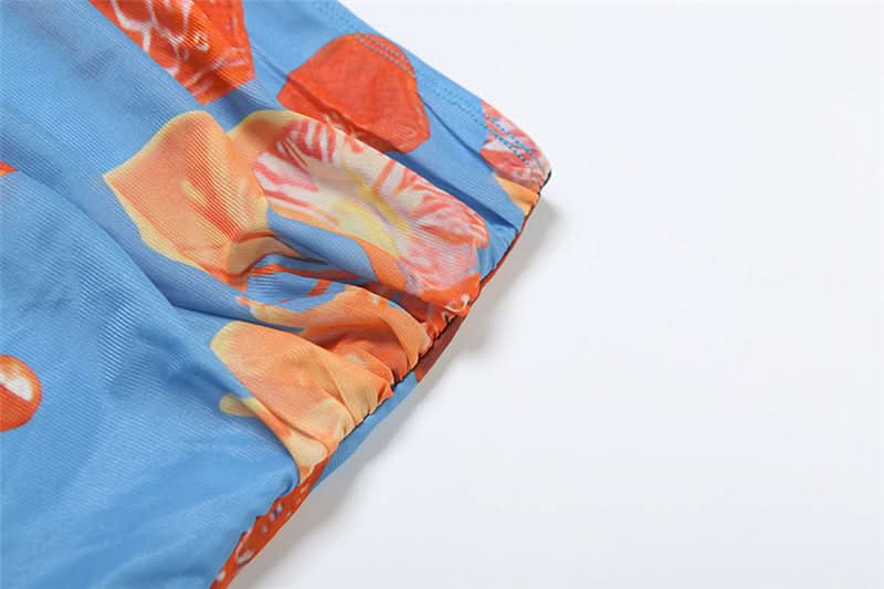 Mesh flower print ruched contrast maxi dress