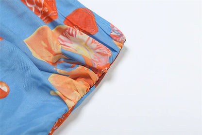 Mesh flower print ruched contrast maxi dress