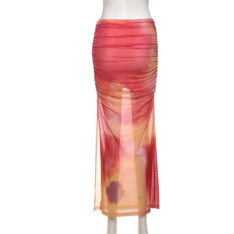 Ruched print contrast mesh slit maxi skirt