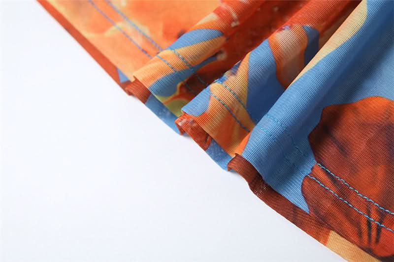 Mesh flower print ruched contrast maxi dress