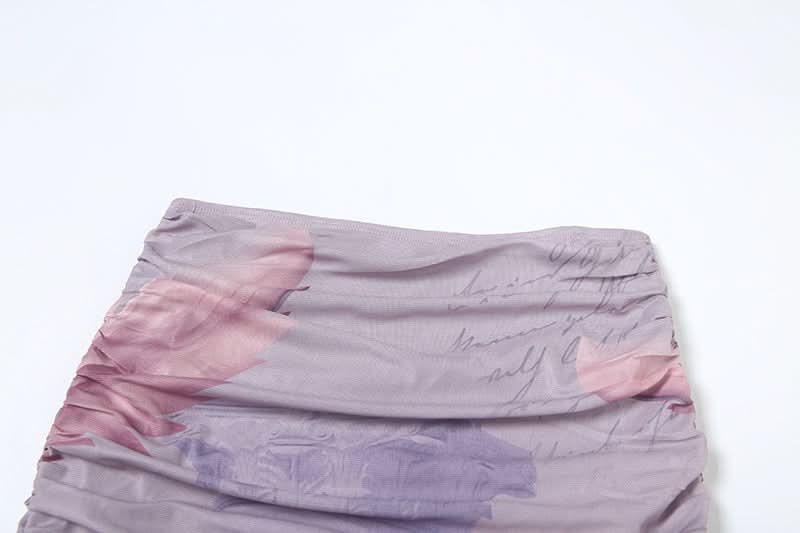 Ruched print contrast mesh slit maxi skirt