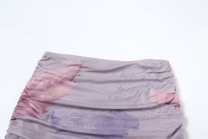 Ruched print contrast mesh slit maxi skirt