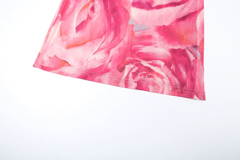 Ruched print contrast mesh slit maxi skirt