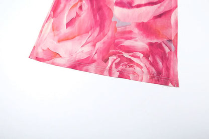 Ruched print contrast mesh slit maxi skirt