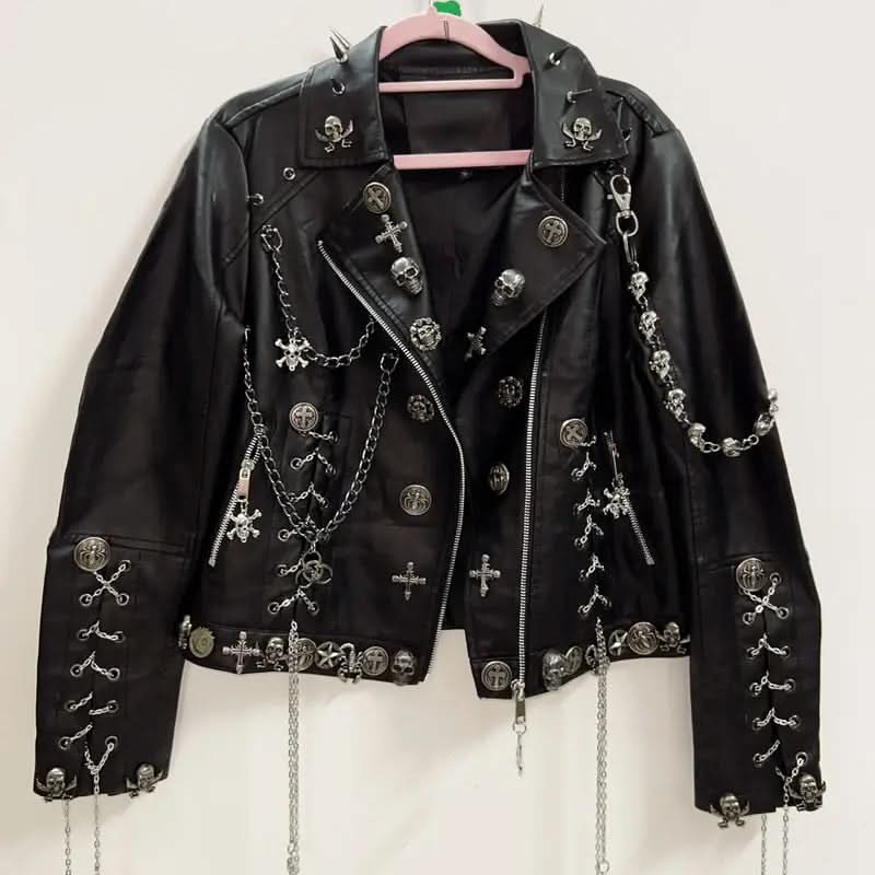 Long sleeve metal chain zip-up PU leather top
