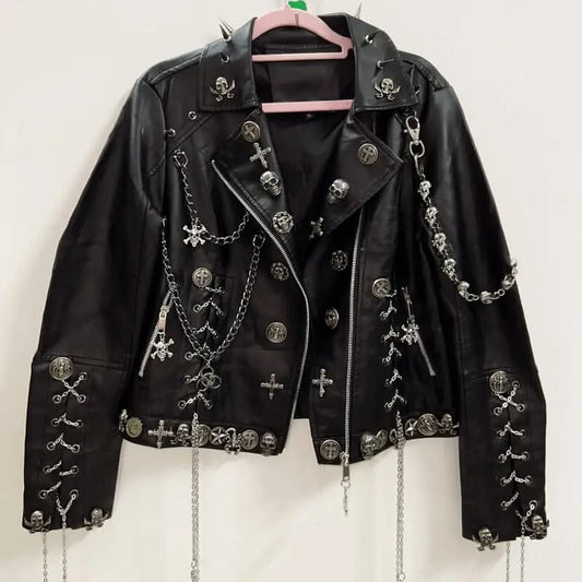 Long sleeve metal chain zip-up PU leather top