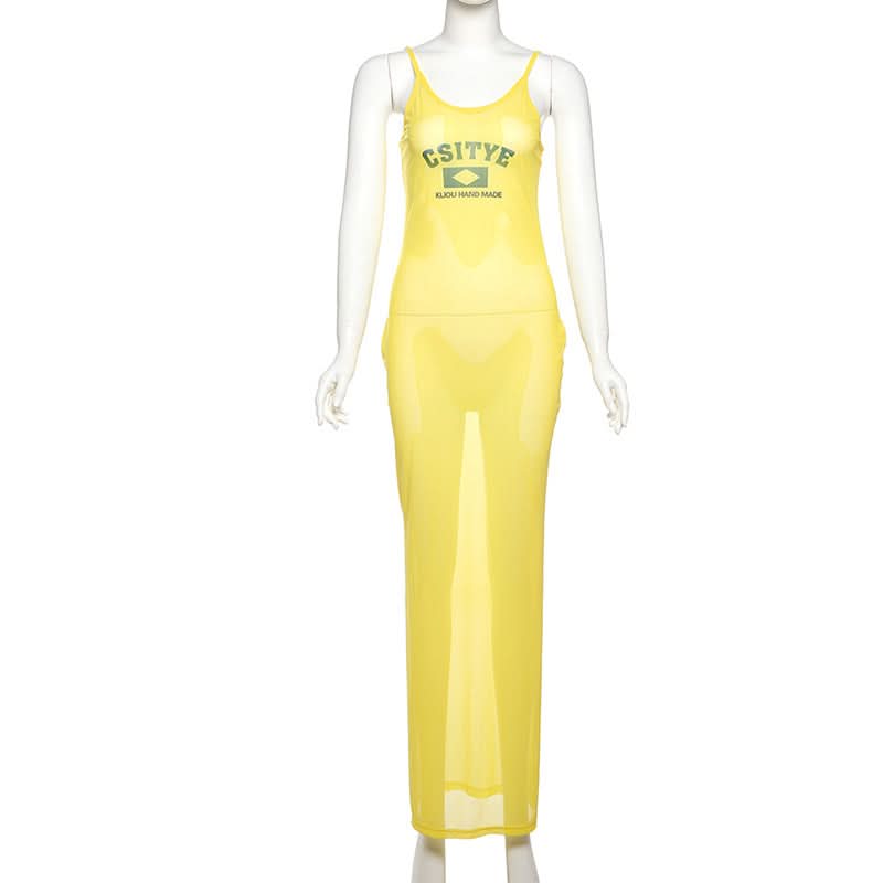 Sheer mesh letter pattern u neck cami maxi dress