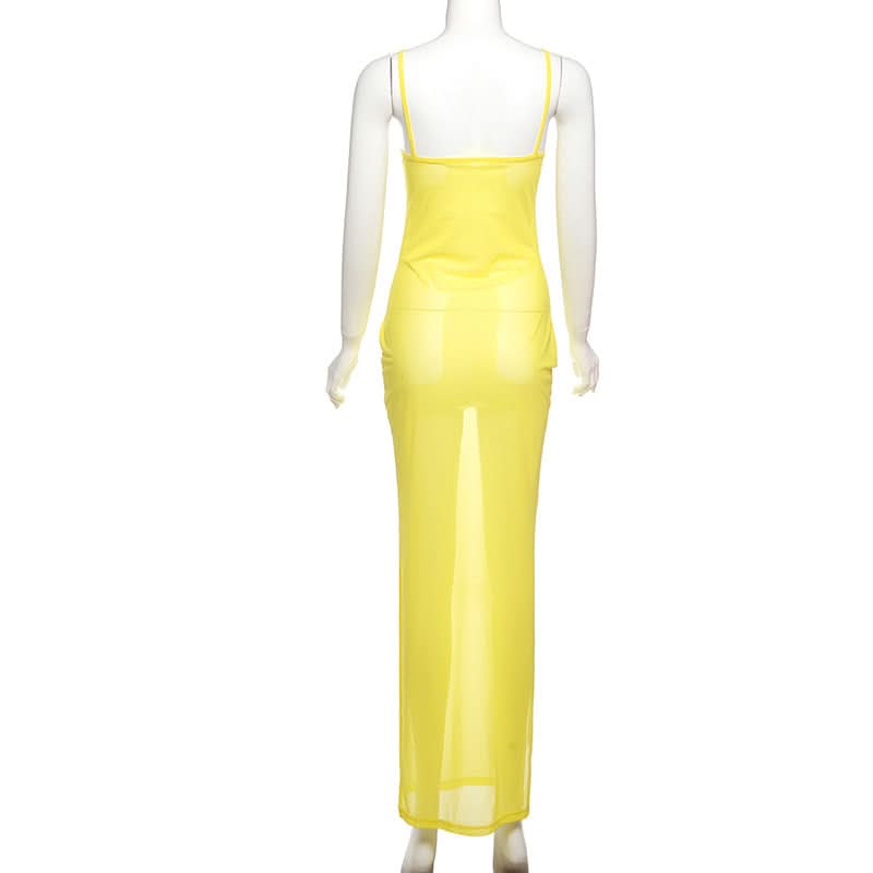 Sheer mesh letter pattern u neck cami maxi dress