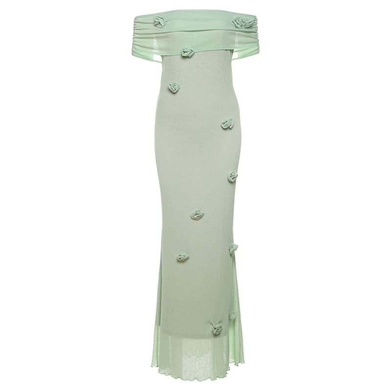 Off shoulder ruffle flower applique ruched maxi dress