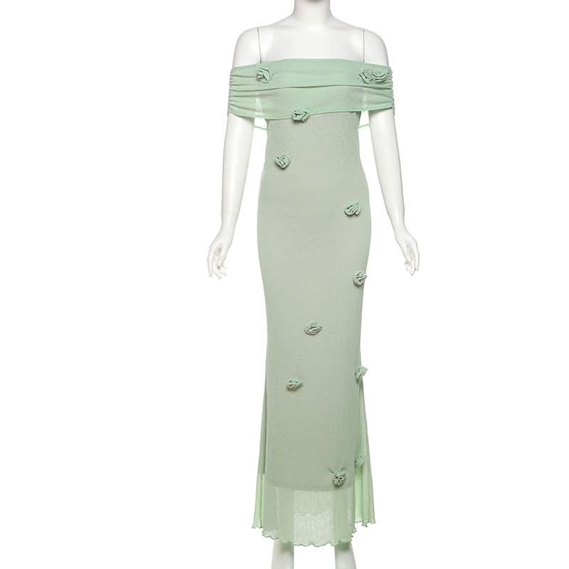 Off shoulder ruffle flower applique ruched maxi dress