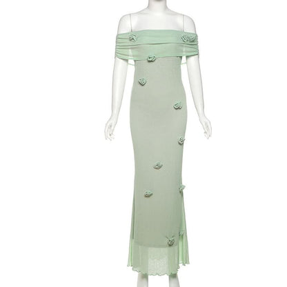 Off shoulder ruffle flower applique ruched maxi dress