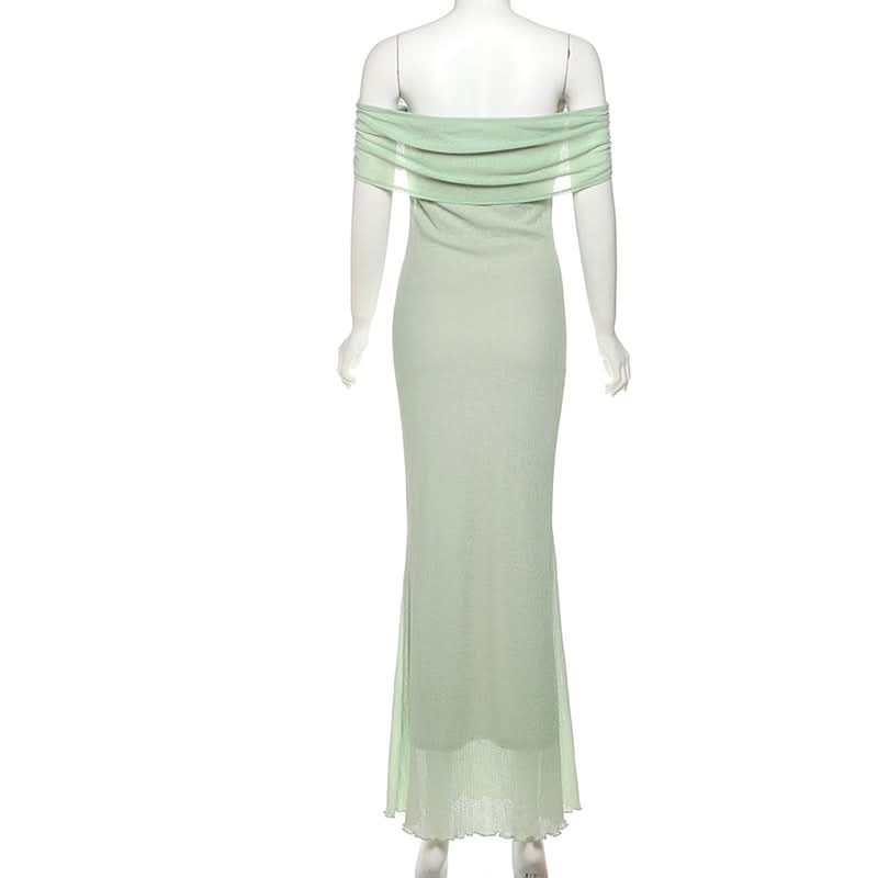 Off shoulder ruffle flower applique ruched maxi dress