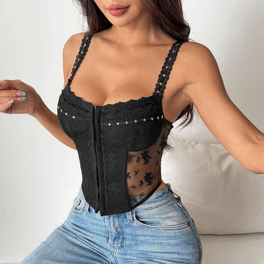 Lace hem u neck button backless cami top