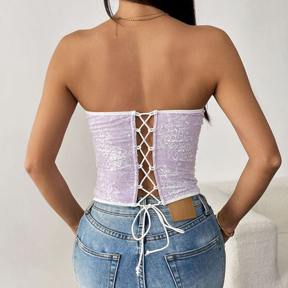 Bowknot lace corset lace up tube top