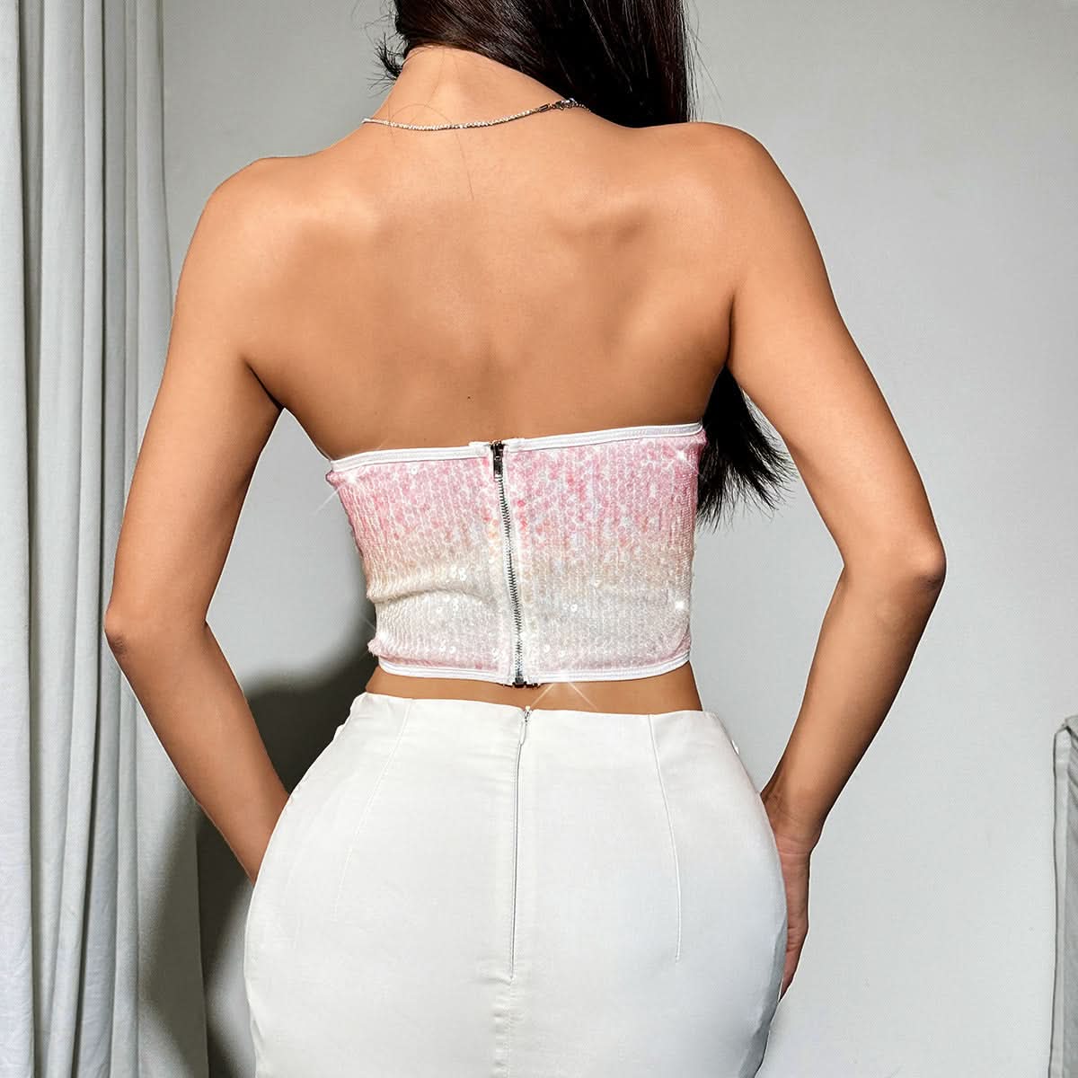 Glitter zip-up sweetheart neck gradient tube top