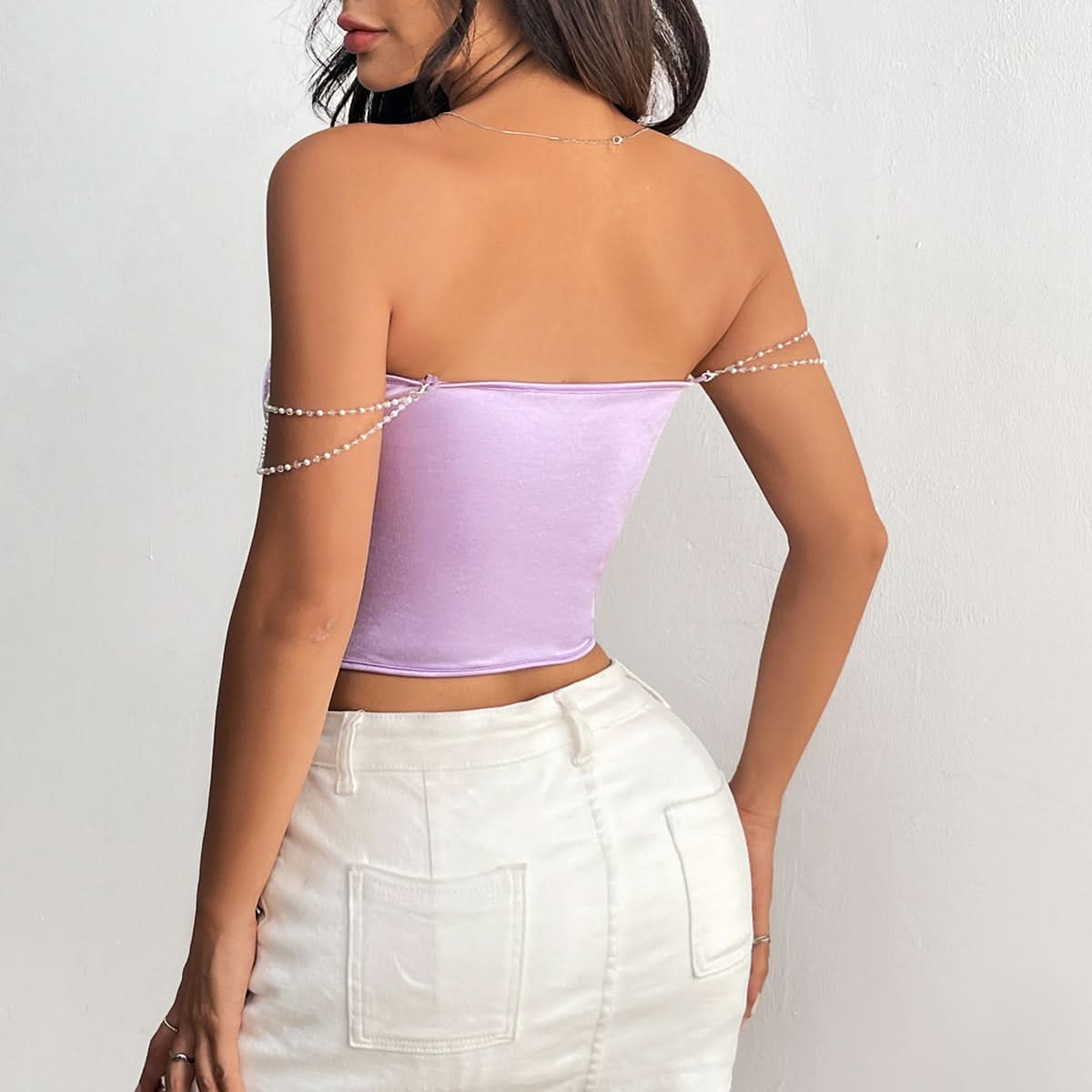 Lace hem beaded corset backless tube top
