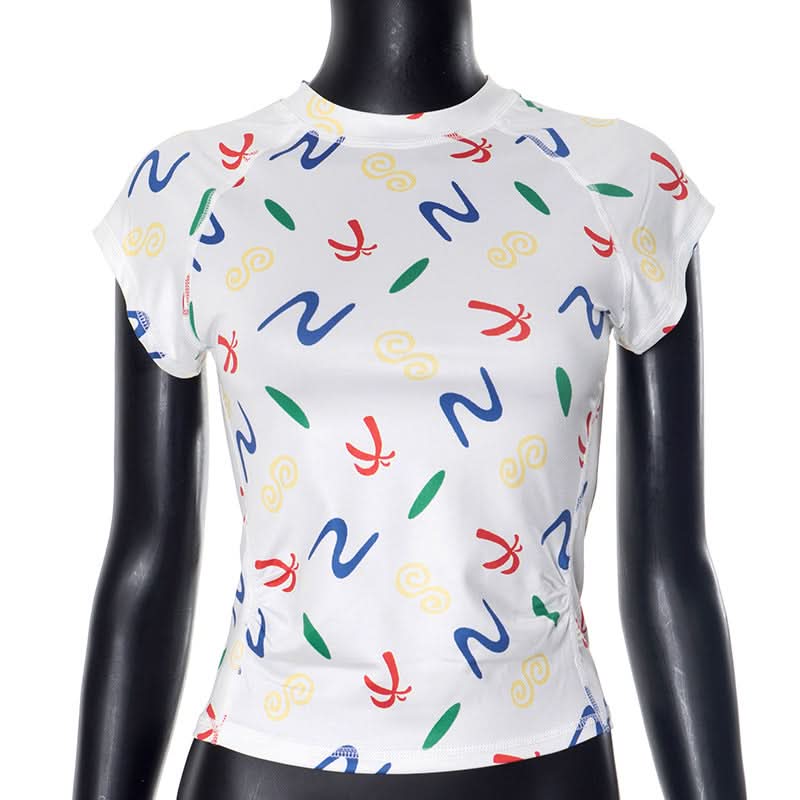Crewneck cap sleeve print stitch ruched top
