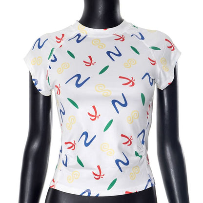 Crewneck cap sleeve print stitch ruched top