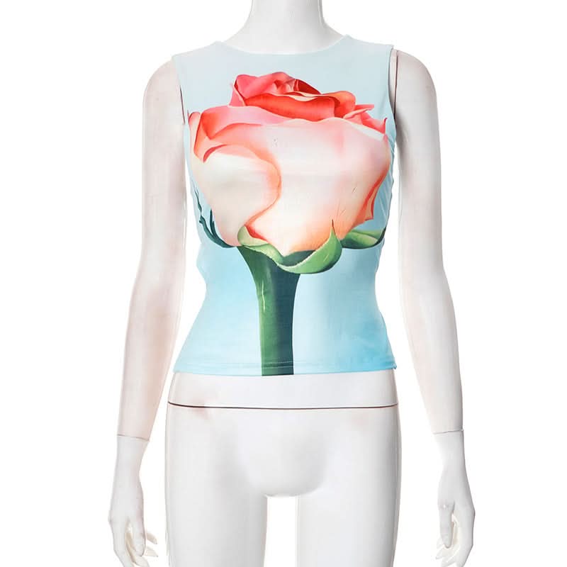 Self tie crewneck flower print contrast top