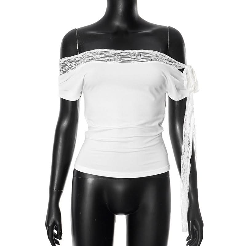 Off shoulder lace hem self tie irregular top