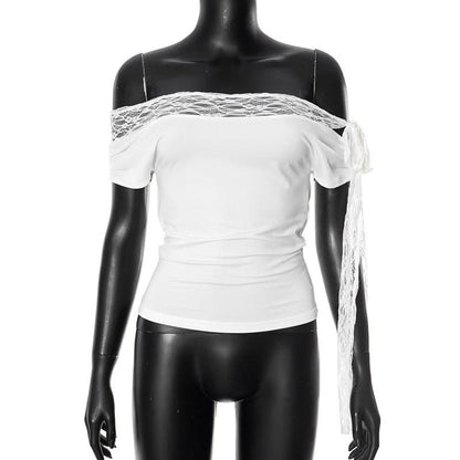 Off shoulder lace hem self tie irregular top