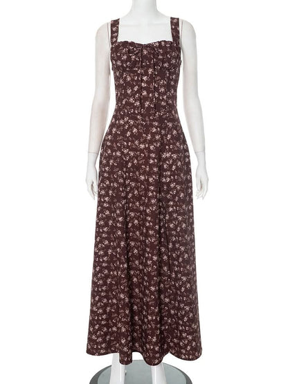 Slit flower print backless zip-up cami maxi dress