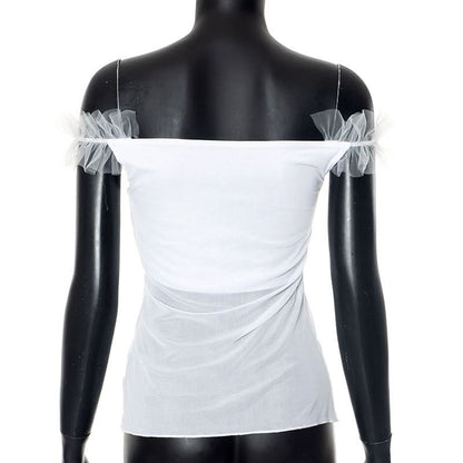 White mesh slit ruffle off shoulder top