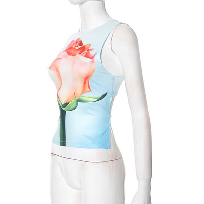 Self tie crewneck flower print contrast top