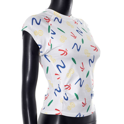 Crewneck cap sleeve print stitch ruched top