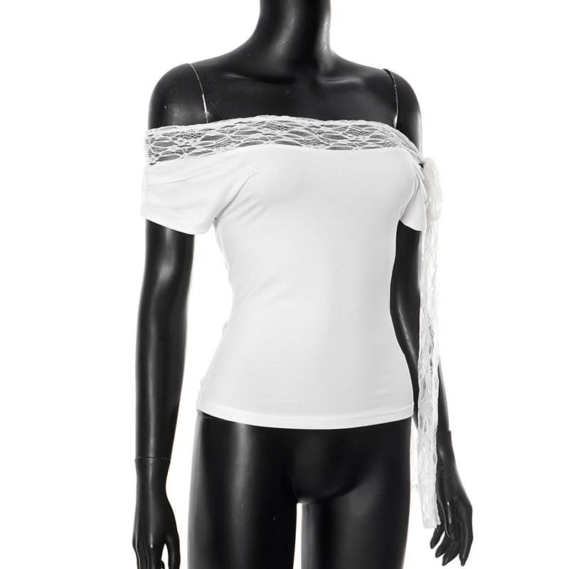 Off shoulder lace hem self tie irregular top