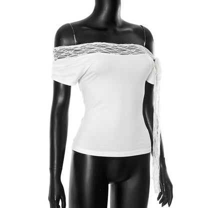 Off shoulder lace hem self tie irregular top
