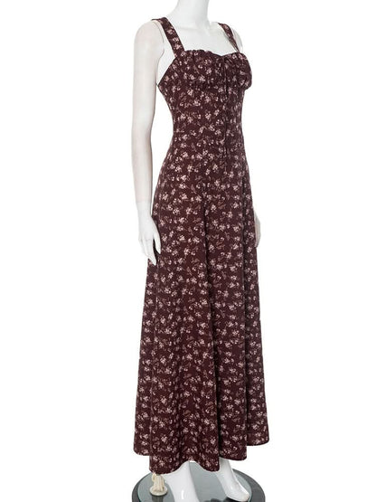 Slit flower print backless zip-up cami maxi dress