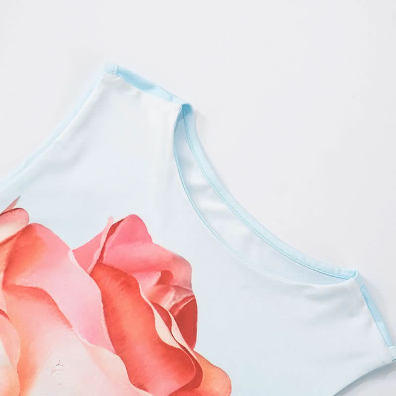 Self tie crewneck flower print contrast top