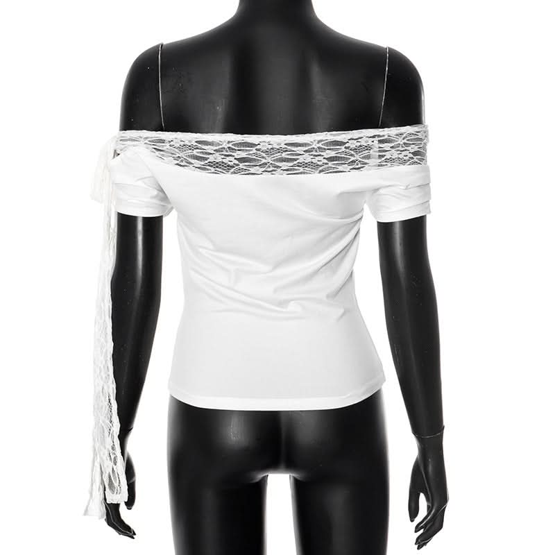 Off shoulder lace hem self tie irregular top