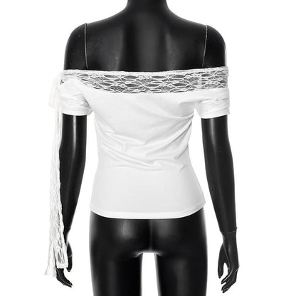 Off shoulder lace hem self tie irregular top