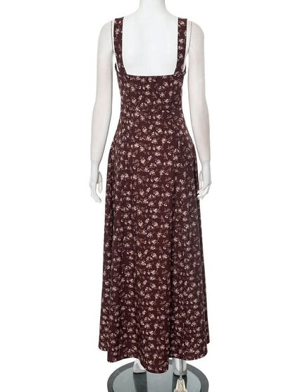 Slit flower print backless zip-up cami maxi dress