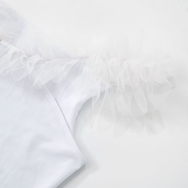White mesh slit ruffle off shoulder top