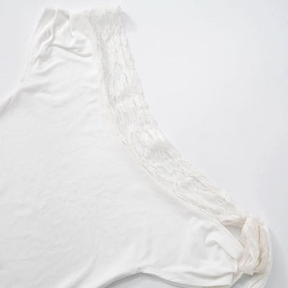 Off shoulder lace hem self tie irregular top