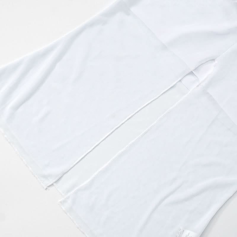 White mesh slit ruffle off shoulder top