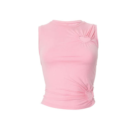 Crewneck ruched heart hollow out irregular cut out top