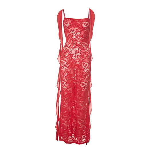 Square neck lace flower applique midi dress